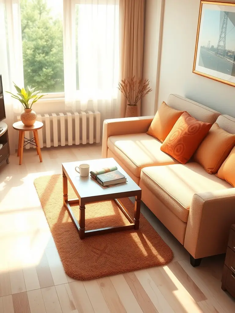 A brightly lit living room with a spotless coffee table and perfectly arranged cushions, showcasing the results of Katie The Maid Co.'s residential cleaning service.